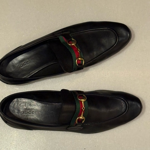 Gucci Shoes - Gucci Black Leather Loafers with Red and Green Accents